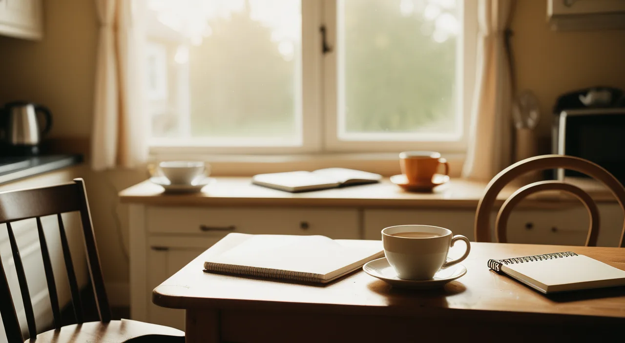 Morning light over a kitchen table with a notebook and a cup, a calm place to take the next step
